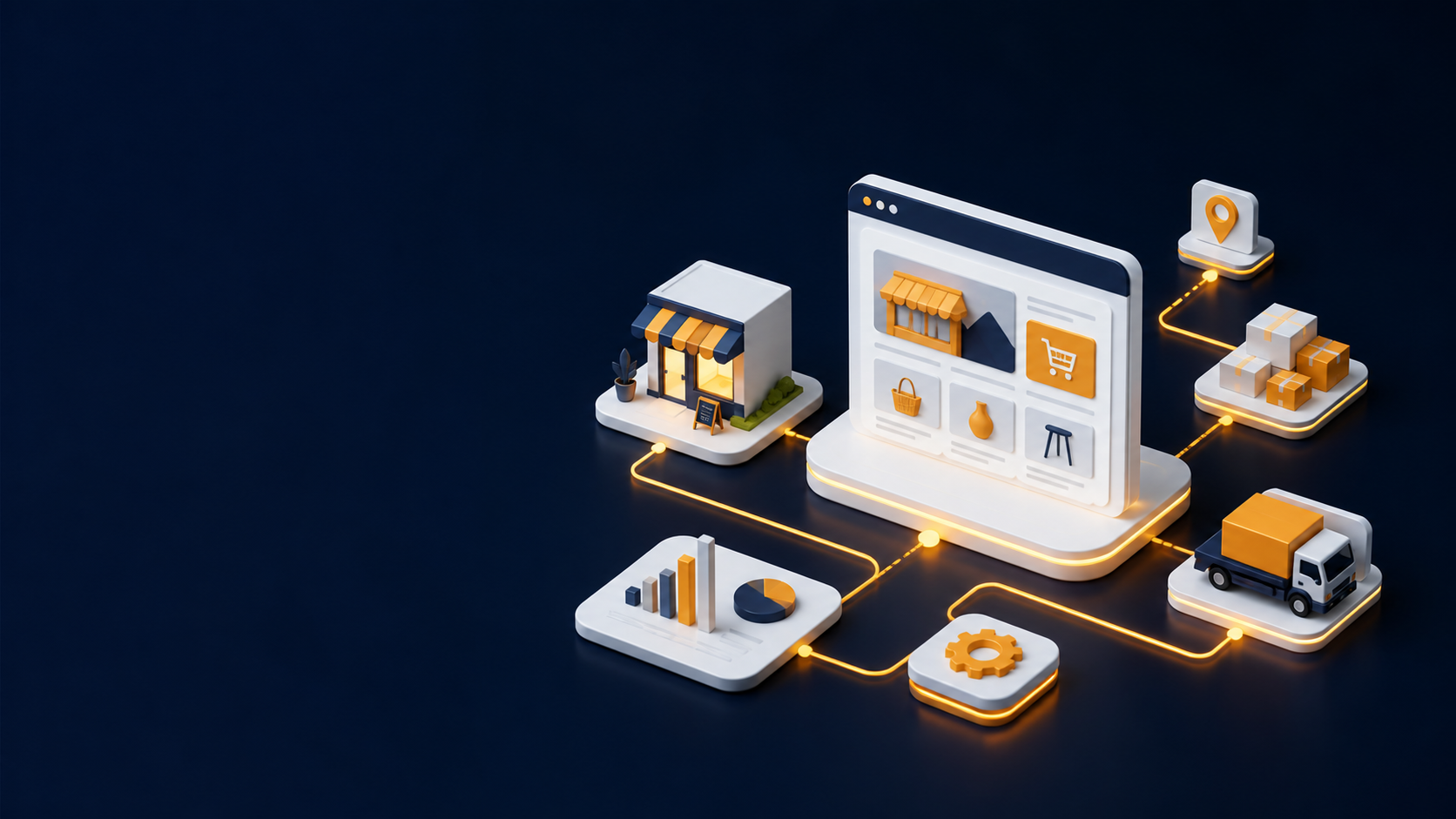 Ilustrasi website UMKM yang terhubung dengan automasi bisnis